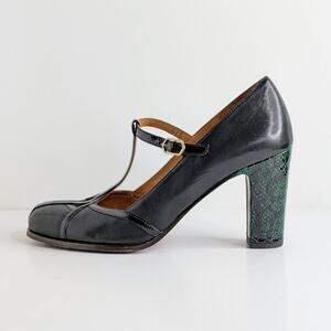 CHIE MIHARA T-Strap Heels EU 40 Black Leather Green Snakeskin Accent Designer